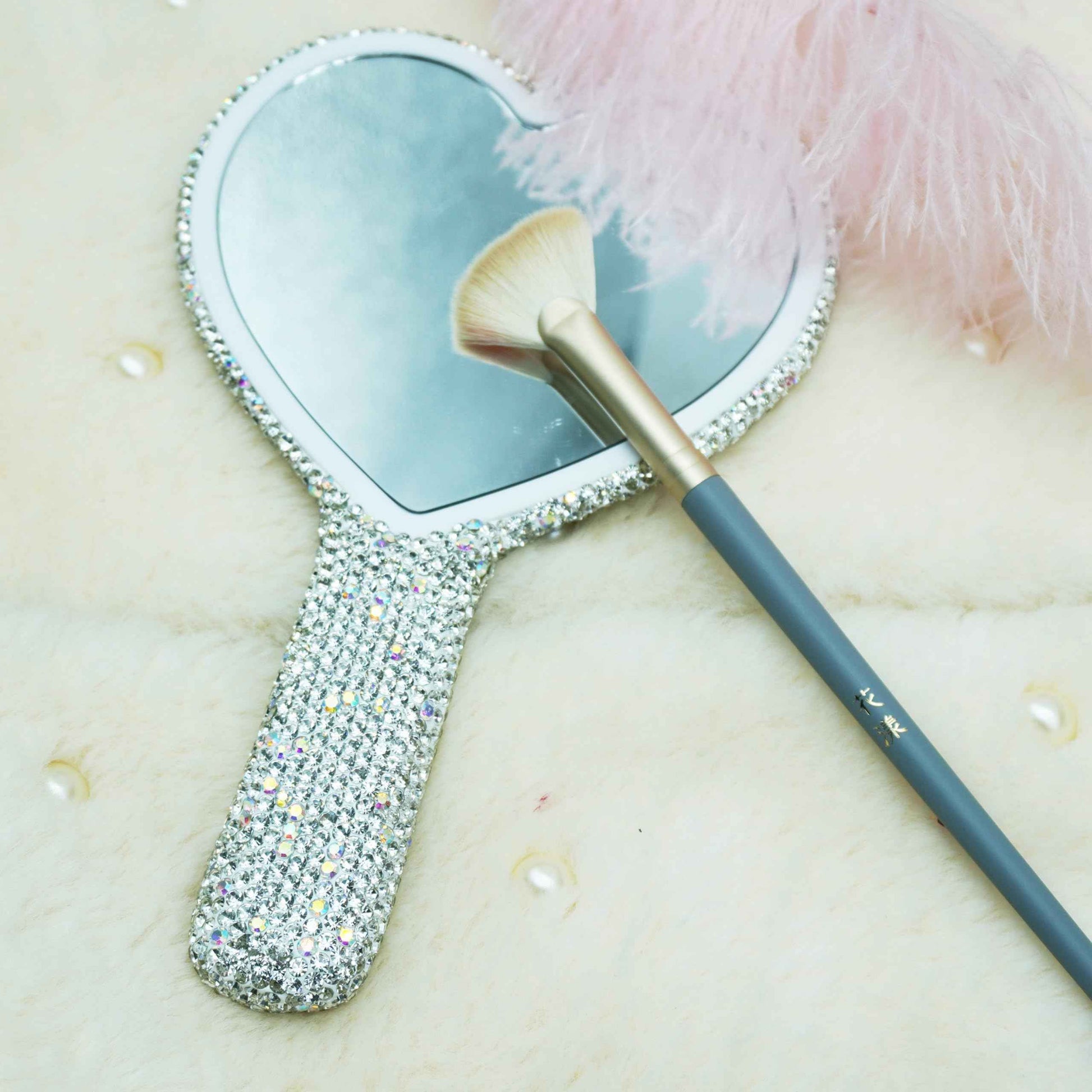 Frinnovan Large Rhinestone Handheld Mirror Heart Bling Glitter Cosmetic Dazzling Portable Hand Mirrors with Handle for Women Wedding Silver White