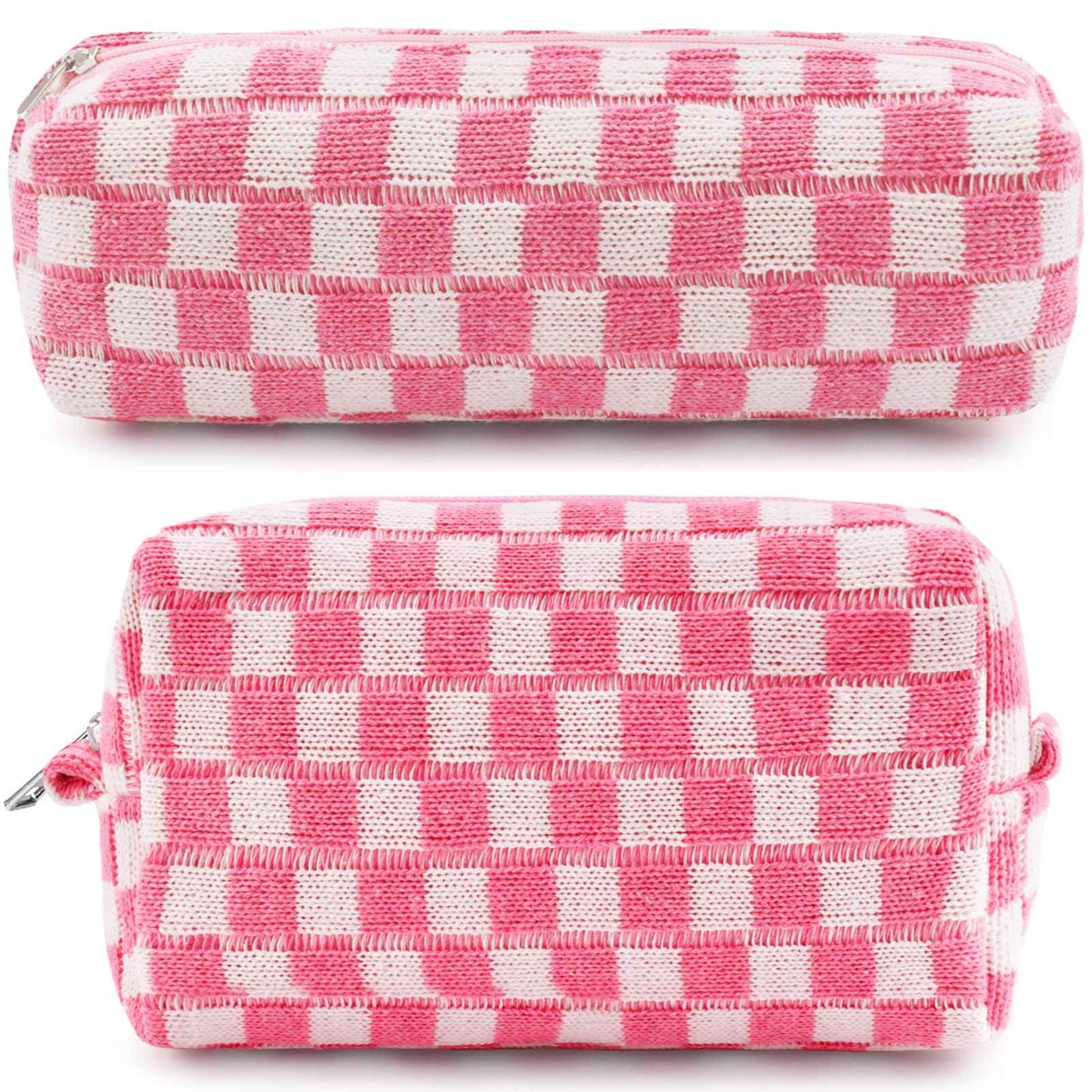 ZLFSRQ 2Pcs Checkered Pencil Case Cute Pencil Pouch for Teens Pink Checkered Makeup Bag Travel Cosmetic Bag Set Cute Preppy Makeup Pouch for Purse Portable Zippered Skincare Toiletry Bags Organizer