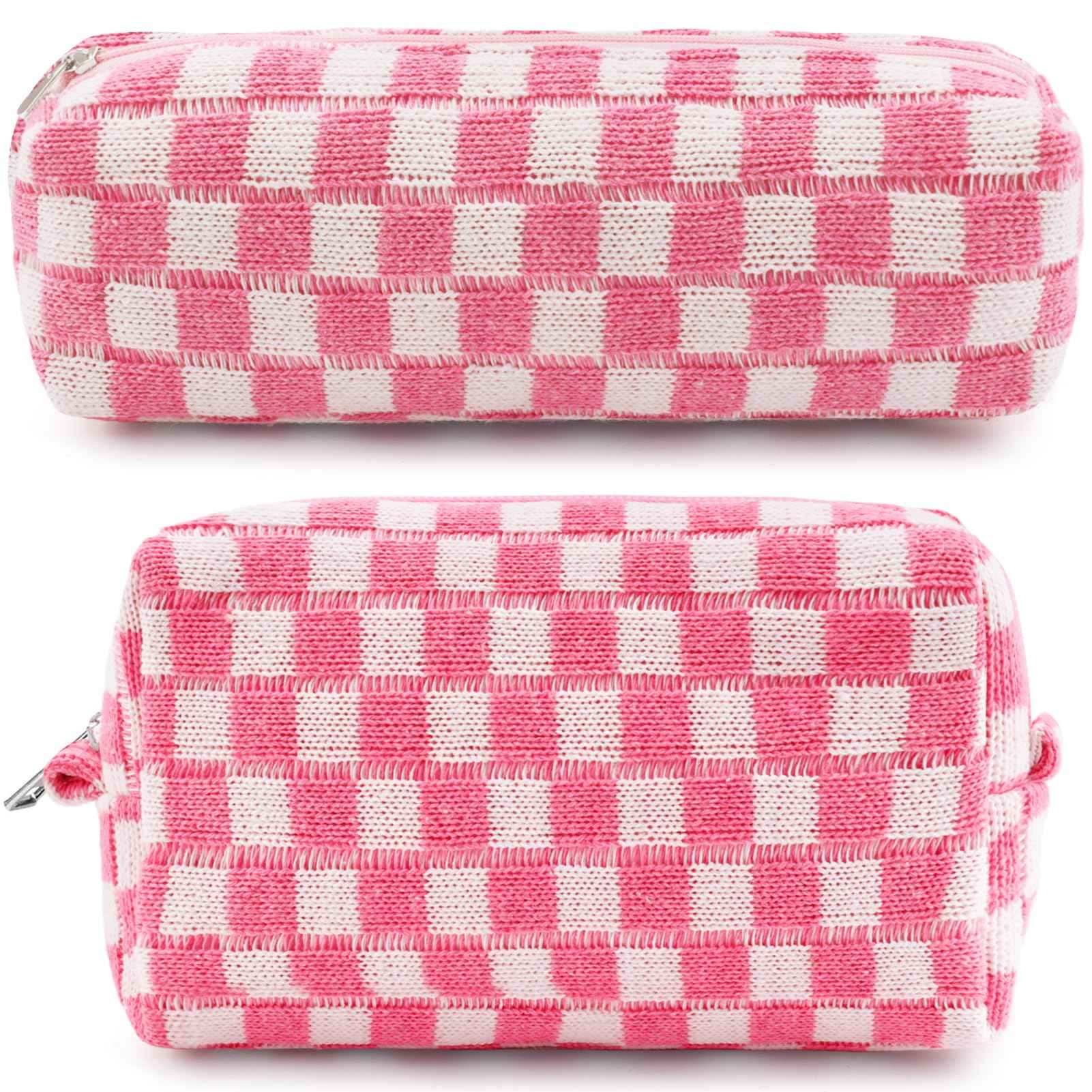 ZLFSRQ 2Pcs Checkered Pencil Case Cute Pencil Pouch for Teens Pink Checkered Makeup Bag Travel Cosmetic Bag Set Cute Preppy Makeup Pouch for Purse Portable Zippered Skincare Toiletry Bags Organizer