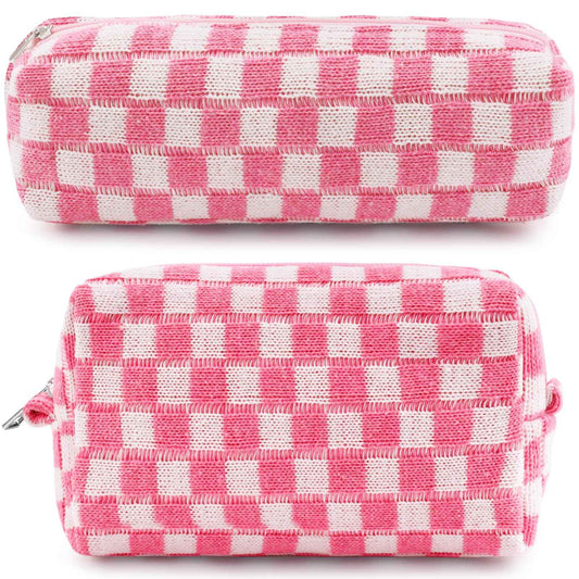 ZLFSRQ 2Pcs Checkered Pencil Case Cute Pencil Pouch for Teens Pink Checkered Makeup Bag Travel Cosmetic Bag Set Cute Preppy Makeup Pouch for Purse Portable Zippered Skincare Toiletry Bags Organizer
