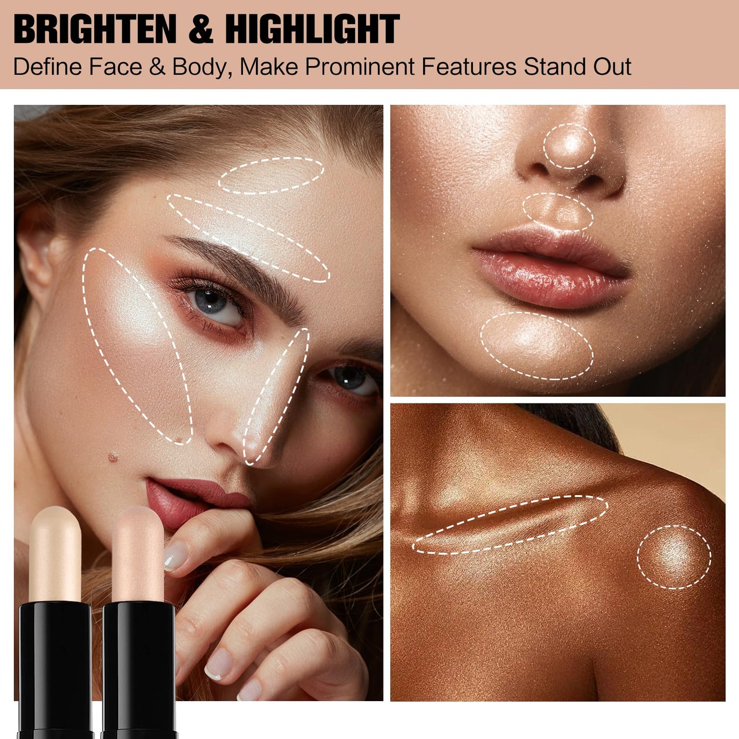 Contour Stick, 2Pcs Dual-Ended Highlighter Makeup Pen & Contouring Stick for Face Shaping, Long Lasting Waterproof Cream Bronzer & Highlight Sticks Make Up Kit for All Skin Tones (01# + 02#)