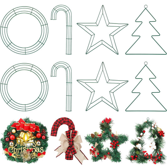 Pelopy 8 Pcs Christmas Wire Wreath Frames 12 Inch Christmas Tree Round Candy Cane and Pentagram Shaped Green Wreath Form Wreath Ring for Home Arts Crafts DIY Christmas New Year Party Decor