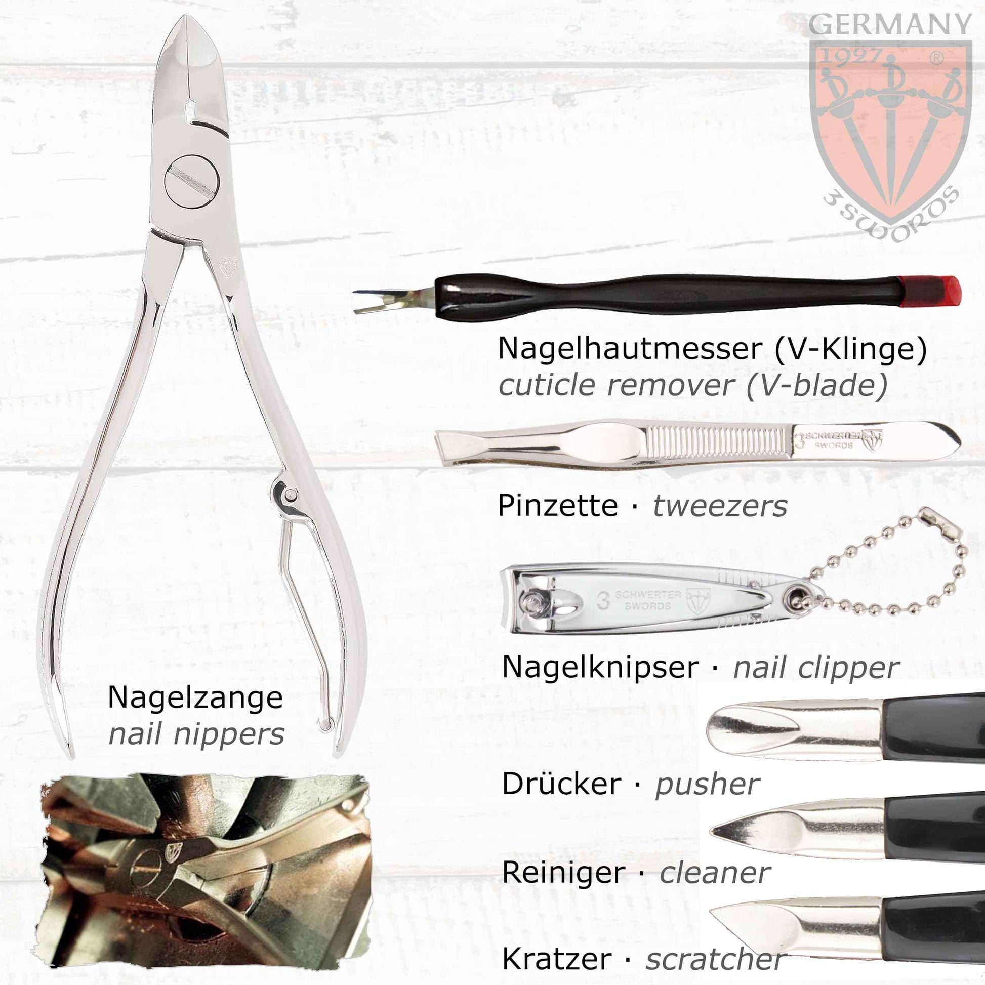3 Swords Germany - brand quality 9 piece manicure pedicure grooming kit set for professional finger & toe nail care scissors clipper fashion leather case in gift box, Made in Solingen Germany (03584)