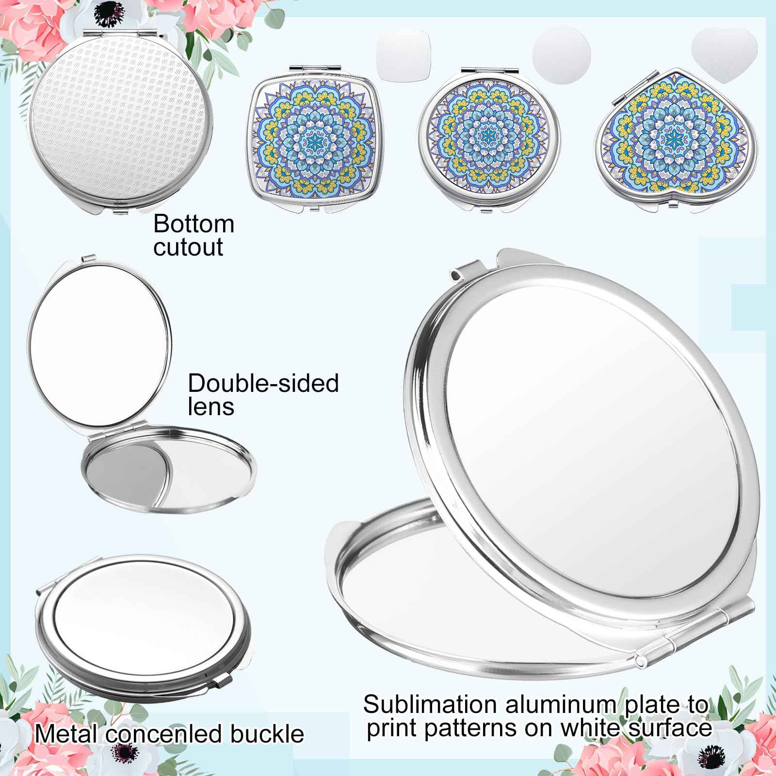 Jetec 18 Pcs Sublimation Blanks Products Small Compact Mirror Bulk Heat Transfer Folding Pocket Makeup Mirror Heart Round Square Double Sided Handheld Sublimation Mirror for Women Gift Purse Travel