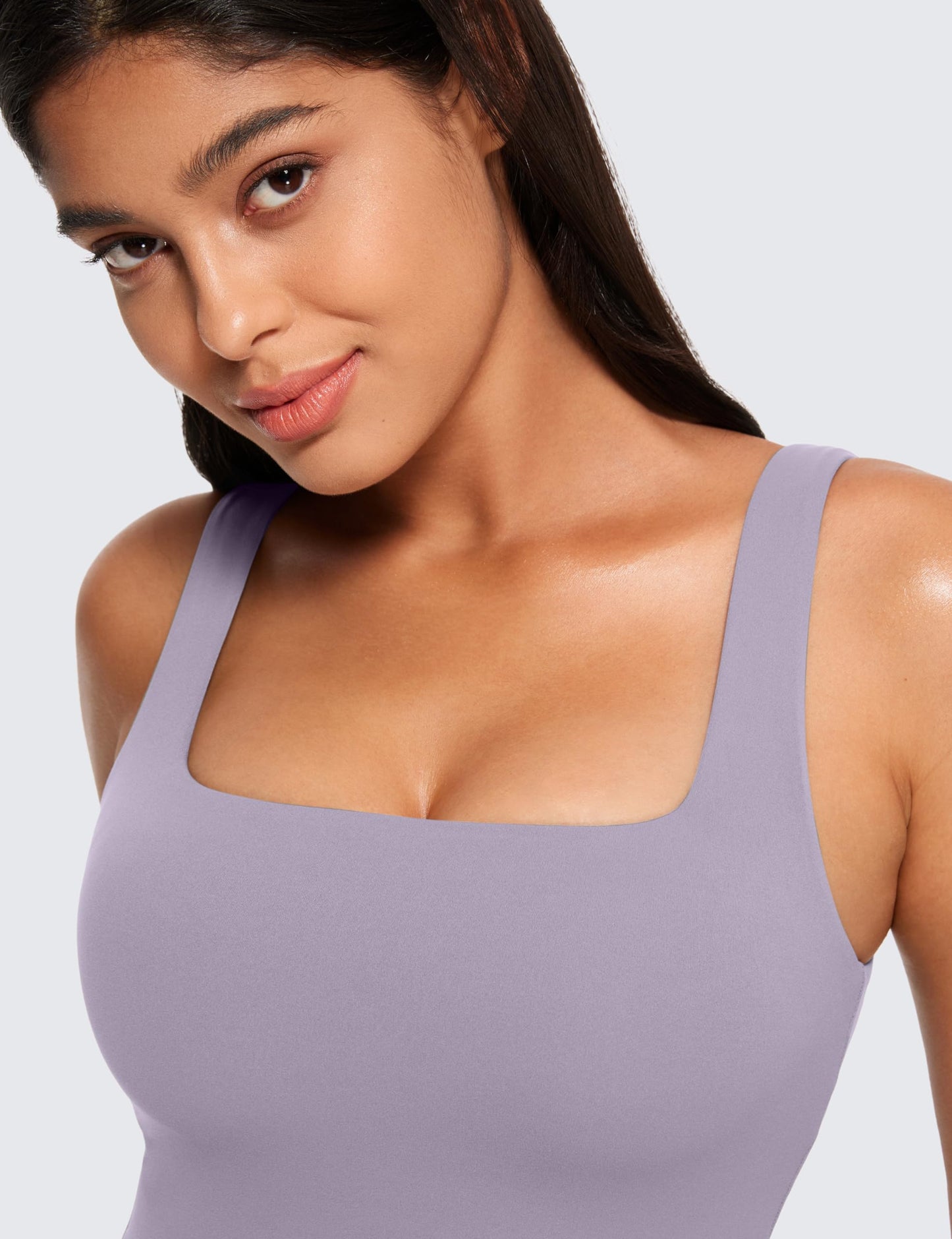 CRZ YOGA Butterluxe Womens Square Neck Longline Sports Bra - Workout Crop Tank Tops Padded with Built in Shelf Yoga Bra Lavender Mist XX-Small