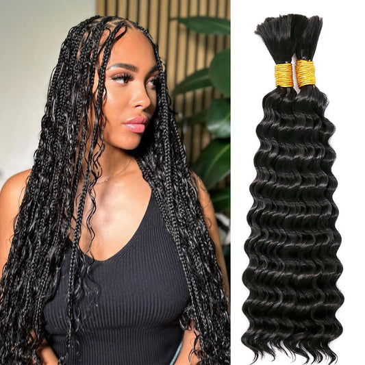 Deep Wave Bulk Hair for Braiding 200g Curly Hair for Bohemian Knotless Braids 2 Boundle Boho Braids Curls 20 Inch Boho Hair for Micro Braiding No Weft, Naturl Black