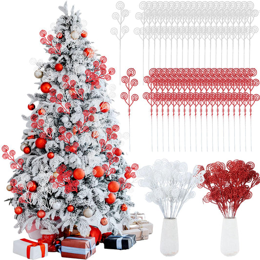 Riceshoot 50 Pcs Christmas Tree Picks and Sprays Artificial Glitter Stem Ornaments Curly Decorative Sticks for Vases Tall Candy Christmas Tree Twigs for Wedding Holiday Party Decoration (Red, White)