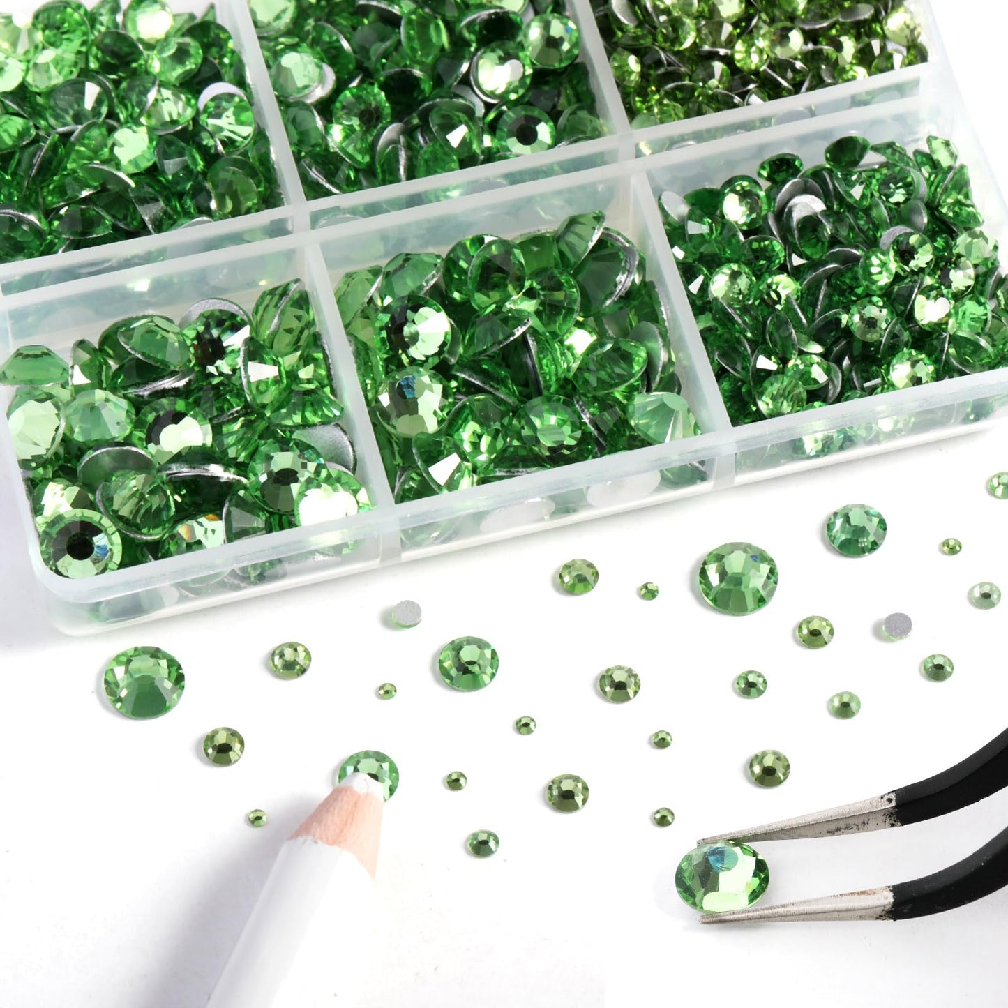 Beadsland 8300PCS Flatback Rhinestones, Light Green Rhinestone Nail Gems Round Crystal Rhinestones for Crafts, Mixed 10 Sizes with Wax Pencil and Tweezer Kit, SS3-SS30, Peridot