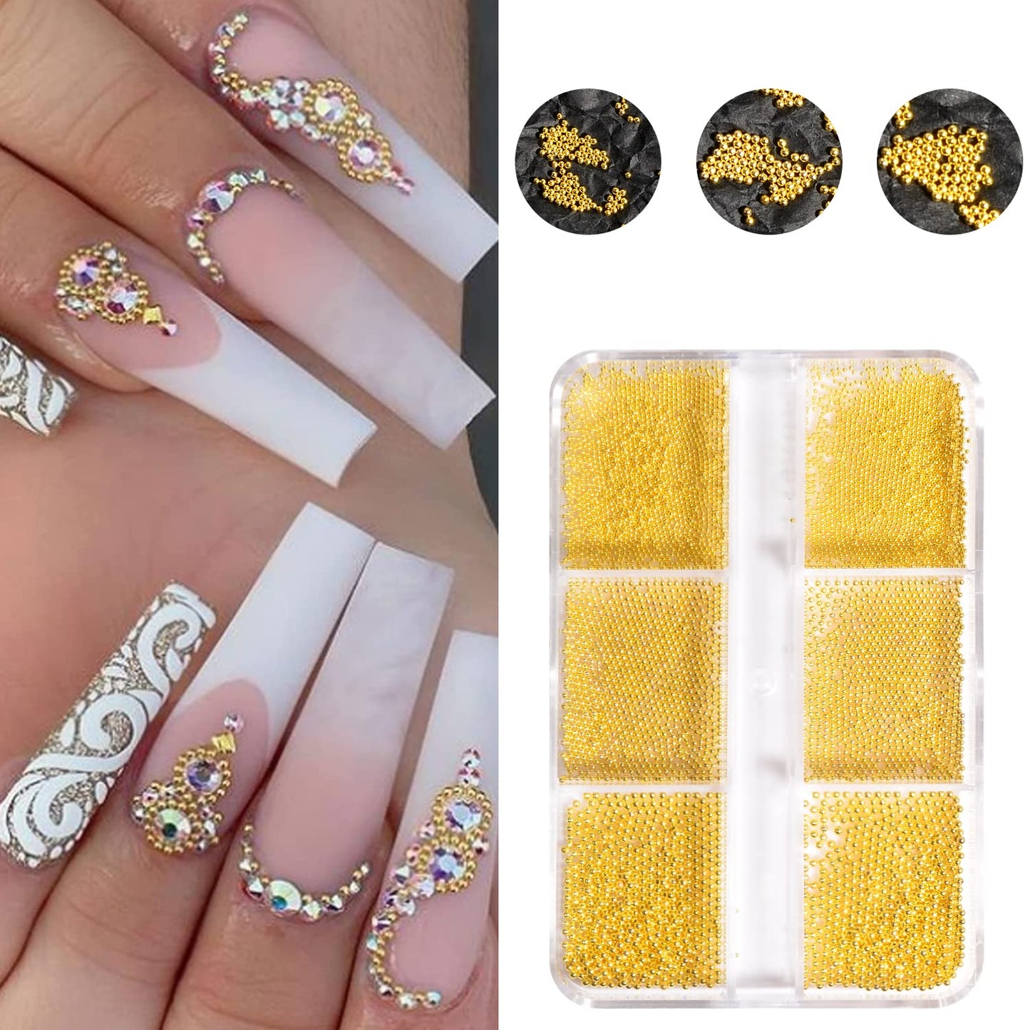 QIMYAR 3D Nail Art Caviar Beads for Nail Art Multi Size 0.5-1.0MM Mini Metal Caviar Beads Gold Silver Rose Gold Round Steel Ball Beads Gems Rhinestones Accessories