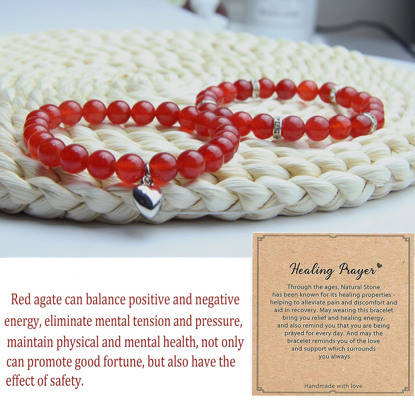 Healing Bracelets for Women - Carnelian Bracelet - Healing Prayers Crystal Bracelet, 8mm Natural Stone Anti Anxiety Stress Relief Yoga Beads Get Well Soon Gifts