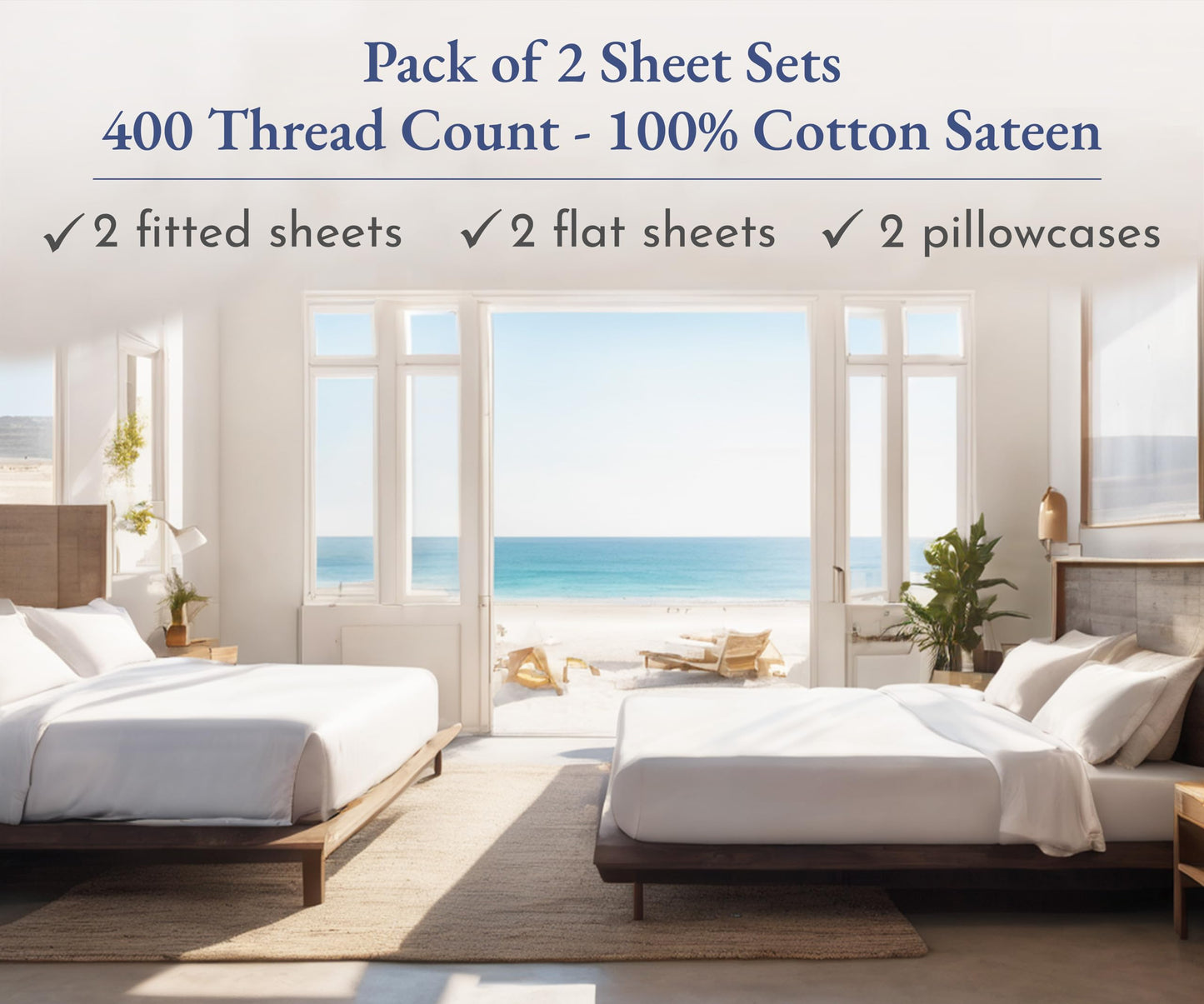 California Design Den 2-Pack Twin XL Sheet Sets Cotton - 400 Thread Count 100% Cotton Sateen - Soft, Breathable & Cooling Sheets, Wrinkle Resistant, 2 Sets of Deep Pocket Bed Sheets - Bright White