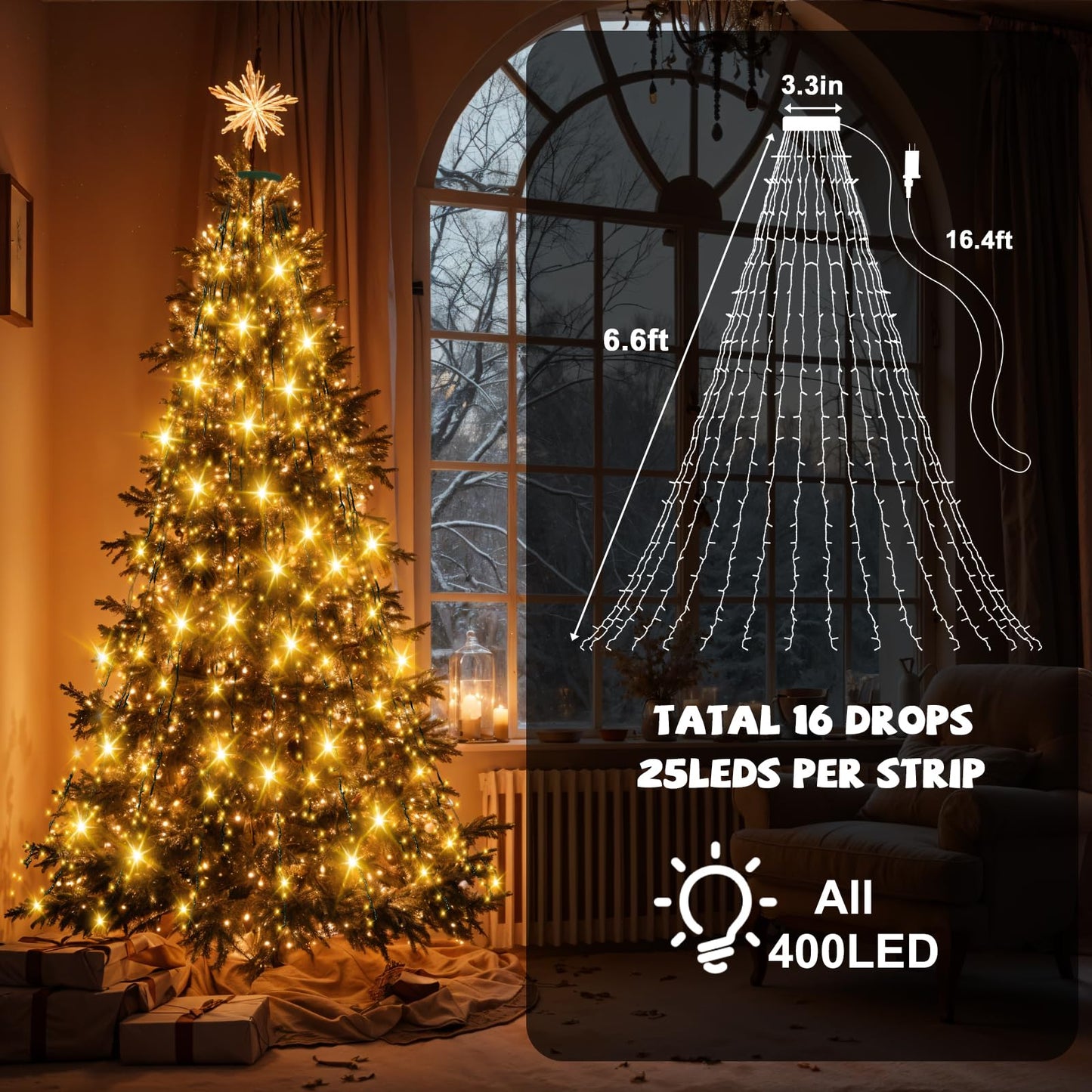 FFZZKJ 400 LED Christmas Tree Lights 8 Modes Christmas String Lights for Tree with Timer 6.6FT x 16 Lines Lights String Waterproof Christmas Decorations Outdoor/Indoor with Memory Function, Warm White