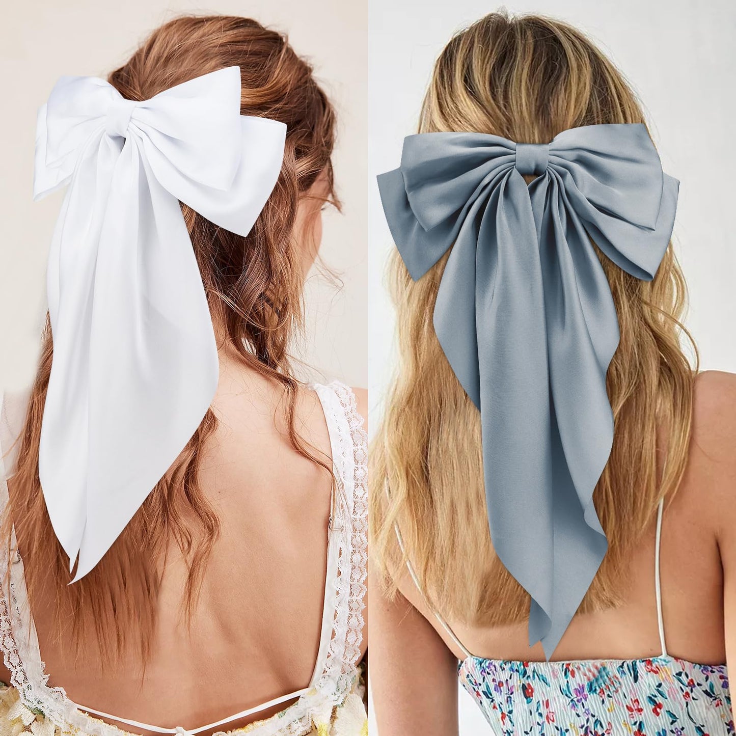 Velscrun Hair Bows for Women Girls 3Pcs White Silky Satin Large Hair Bow Blue Coquette Bow Navy Blue Big Bows Hair Clip Oversized Hair Ribbons Long Tail Hair Bow Hair Barrettes Hair Accessories Gifts