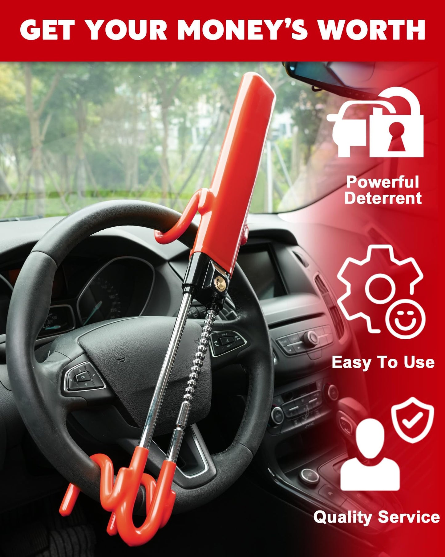 Tevlaphee Steering Wheel Lock Anti-Theft Car Device Heavy Duty Security Car Lock Antitheft Locking Devices Great Deterrent Adjustable Car Wheel Lock Anti Theft for Vehicle Truck SUV with 3 Keys (Red)