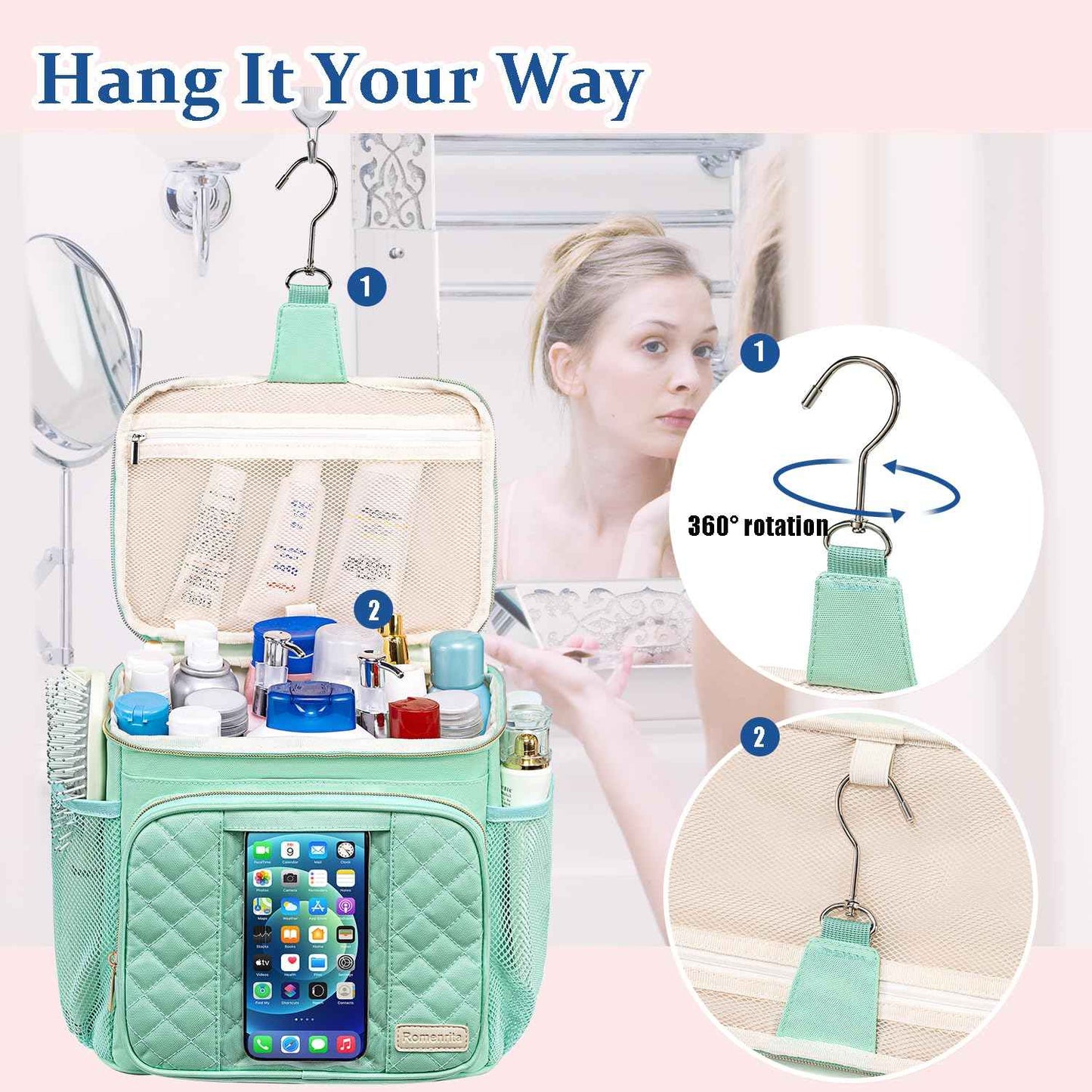 Romenrita Large Toiletry Bag for Women Men,Waterproof Portable Shower Caddy for College Dorm,Bathroom Bag, Quick Dry Shower Bag Hanging Toiletry Bags for For Full Sized Toiletries And Cosmetics