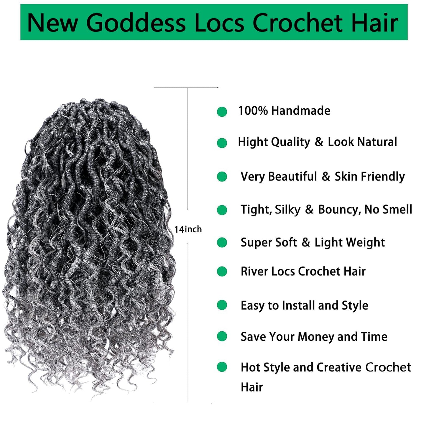 Faux Locs Crochet Hair 14 Inch Goddess Locs Ombre Grey Crochet Hair for Women 6 Packs Gray Soft River Locs Curly Pre Looped Braids with Curly Ends Boho Hippie Locs Synthetic Hair Extensions, 1b/grey