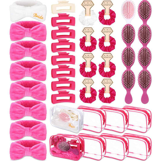 Wavyknot 40 Pcs Bachelorette Favor Set Include Headband Scrunchies Hair Claw Clips Hairbrush and Makeup Bag for Bridal Shower Party Gifts Bridesmaid Wedding Supplies(White and Rose Red)