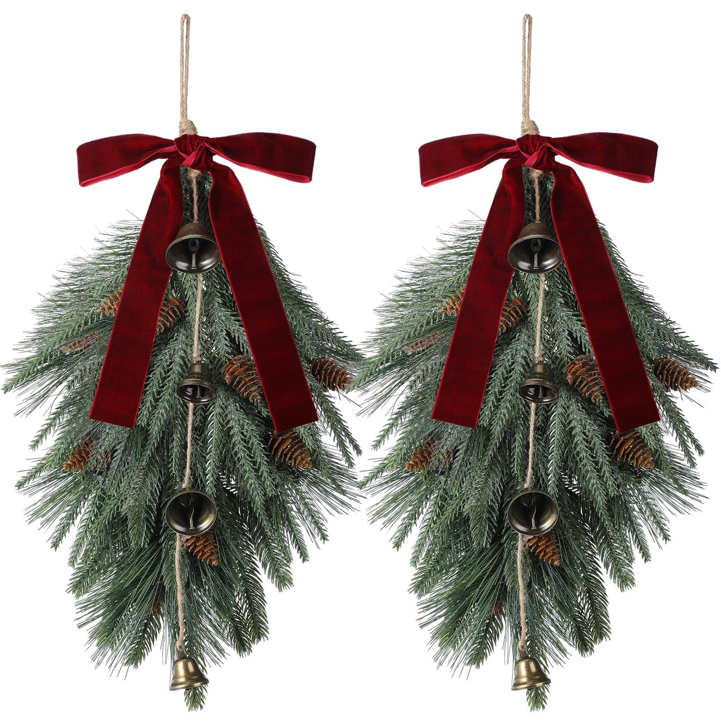 2 Pack Christmas Teardrop Swag 20 Inch Rustic Door Swag Teardrop Wreath Artificial Norfolk Pine Needle Hanging Garland Greenery with Bell Velvet Bow for Outdoor Mantle Fireplace Decor(Wine Red)