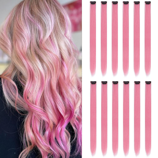 12PCS Colored Pink Hair Extensions Party Highlights Colorful Clip in Hair Extensions 22 Inch Straight Synthetic Hairpieces for Women Kids Girls Halloween Christmas Cosplay(Pink)