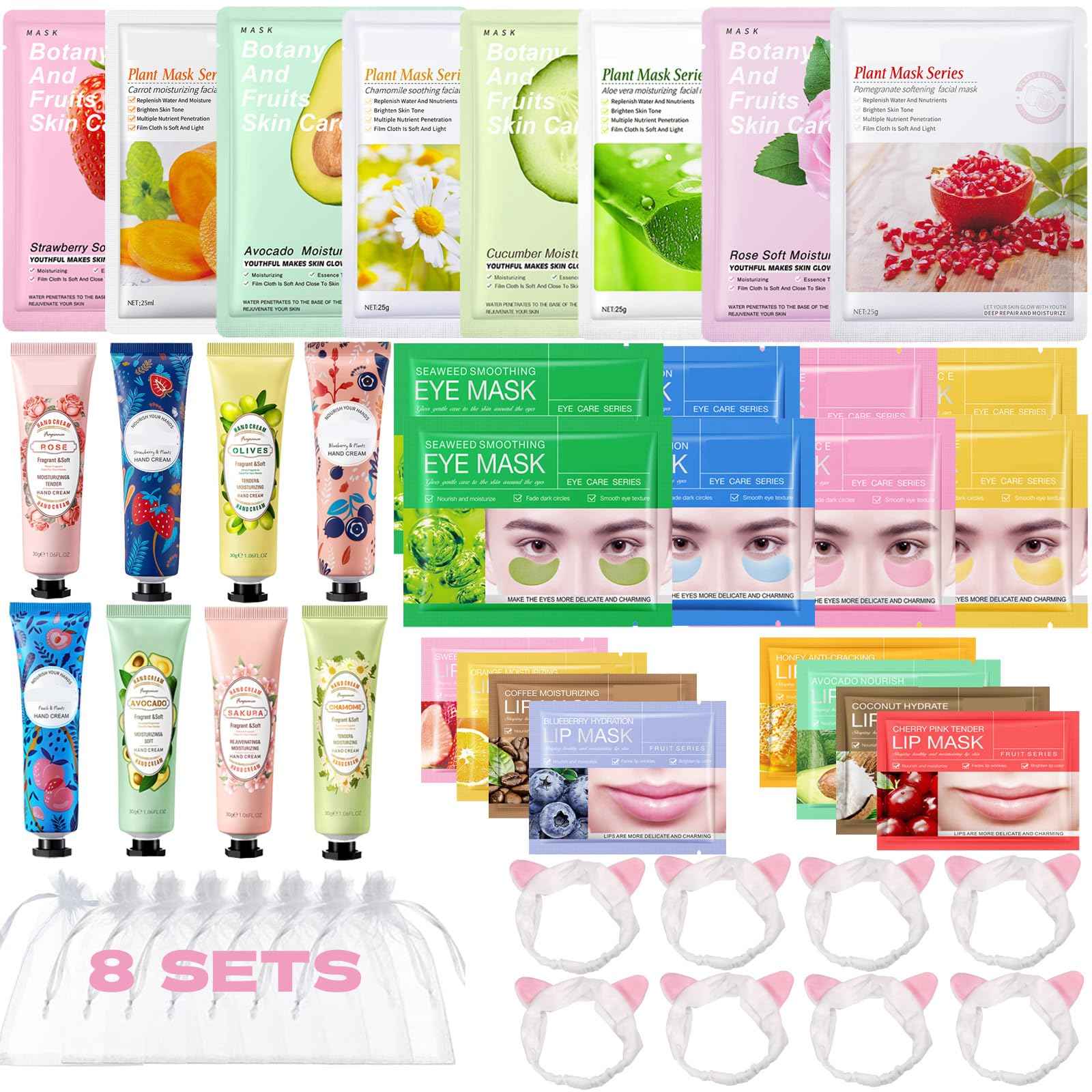 48 Pcs Spa Party Supplies for Girls, Facial Masks,Under Eye Patches,Hand Cream, Lip mask,Headband and Organza Bags, Spa Party Favors, Home Spa Kit Sleepover Set,Gifts for Women Sleepover Party Favors