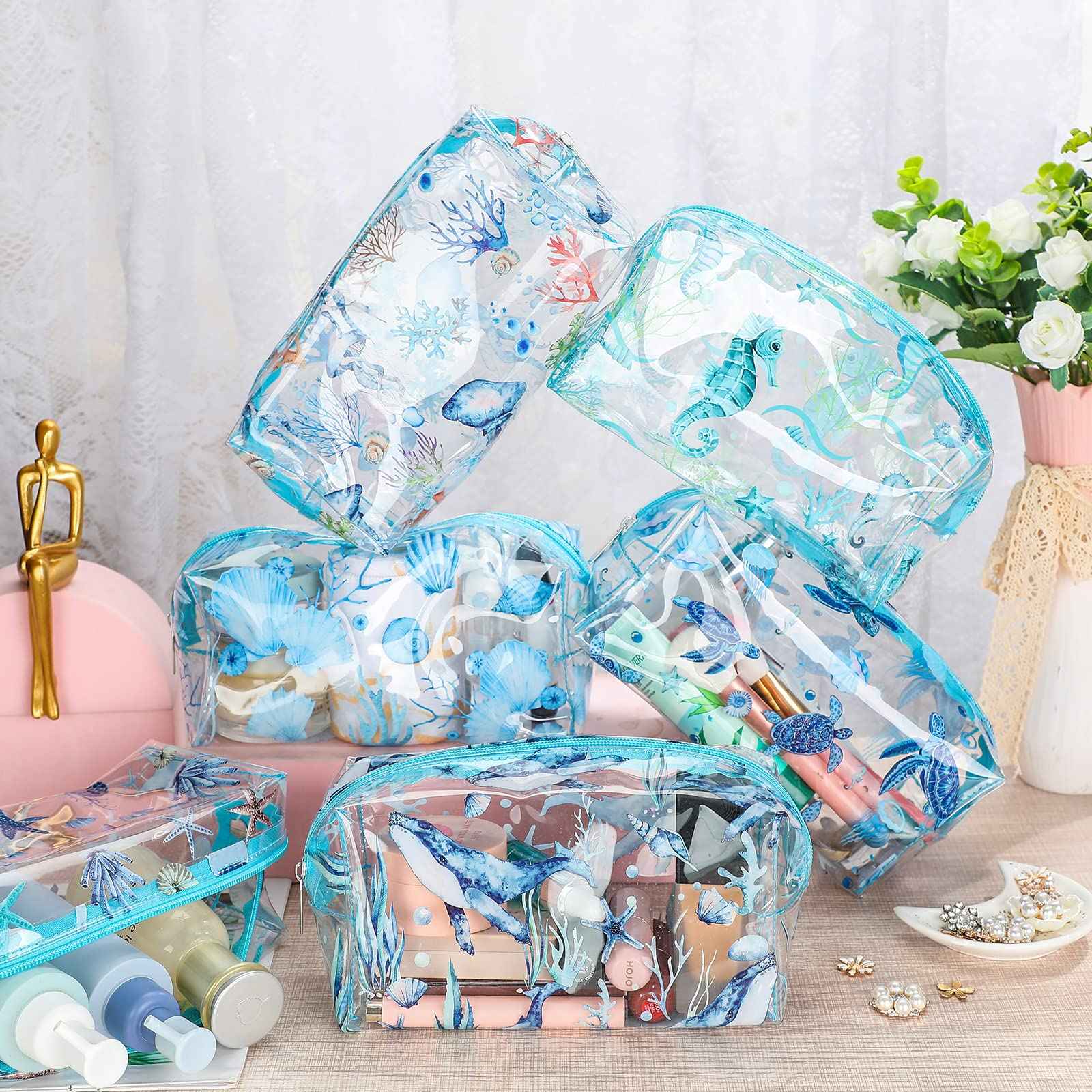 Kacctyen 6 Pcs Clear Makeup Bag Waterproof travel Cosmetic Thickened PVC Toiletry Beach Theme with Whale Starfish Turtle Ocean Sea Animals Print Beauty Cosmetic Makeup Bag Gifts