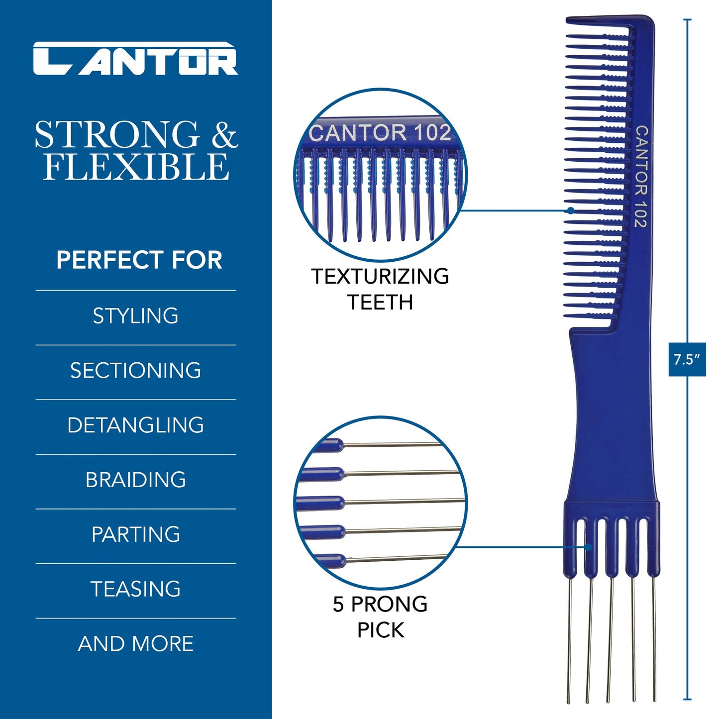 Lift Teasing Comb and Hair Pick – 2 Pack, Five Stainless Still Lifts - Chemical and Heat Resistant Detangler Styling Comb – Anti Static Comb For All Hair Types – By Cantor