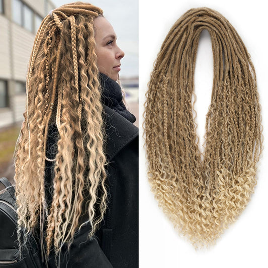 Leeven Double Ended Synthetic Dreadlock Extensions 24 Inch Ombre Blonde Boho Crochet Hippie Dreads 10 Strands Handmade Bohemian Box Braids with Curly Ends for Women