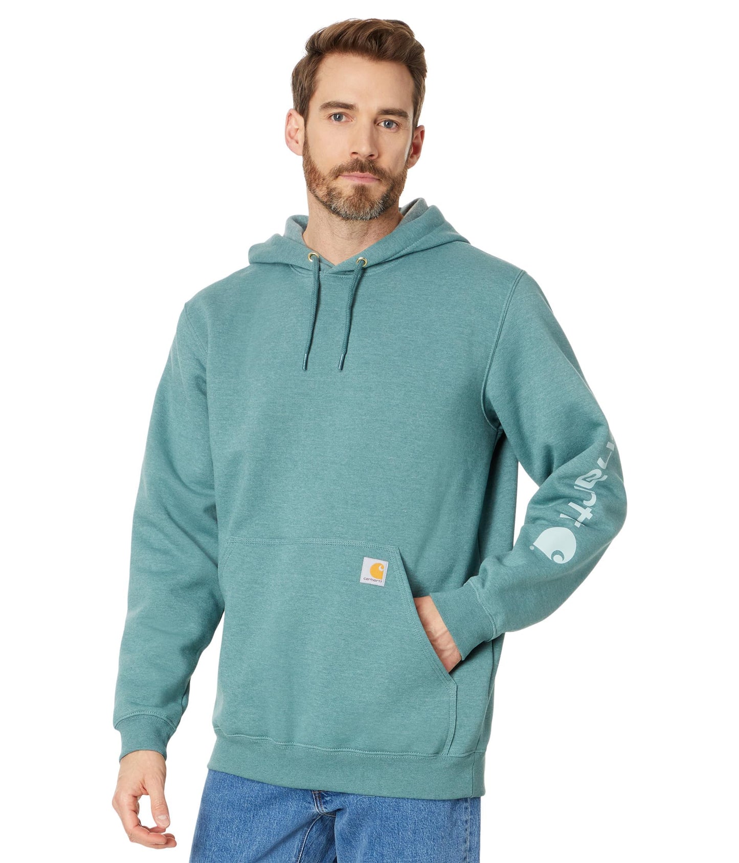 Carhartt Men's Loose Fit Midweight Logo Sleeve Graphic Sweatshirt, Sea Pine Heather