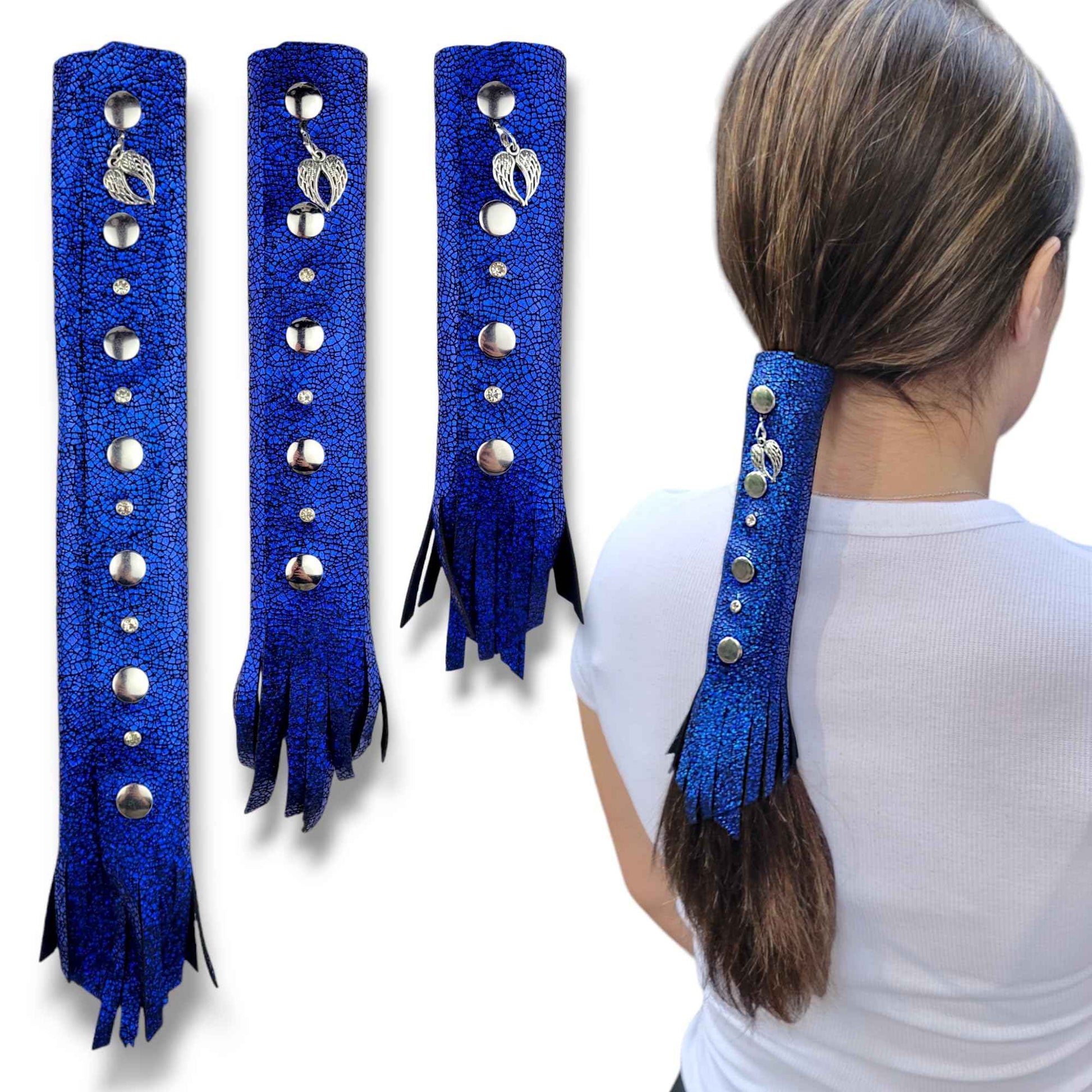 COBALT BLUE Glitter 6" inch Leather Hair Wrap | Motorcycle Helmet Ponytail Sleeve Hair Protector & Frizz Saver | Lady Rider Biker Gear Hair Tie Accessory w/Fringe Crystals Made in USA (6 inch)