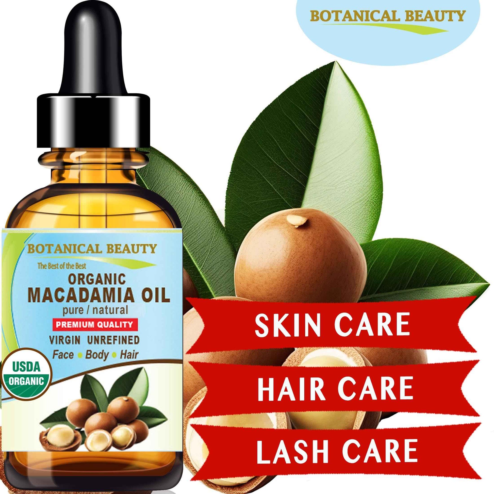 Botanical Beauty Organic MACADAMIA OIL 100% Pure Natural VIRGIN UNREFINED Cold-Pressed Carrier Oil for Face, Skin, Body, Hair, Lip, Nails. Rich in Vitamin E (4 Fl Oz)