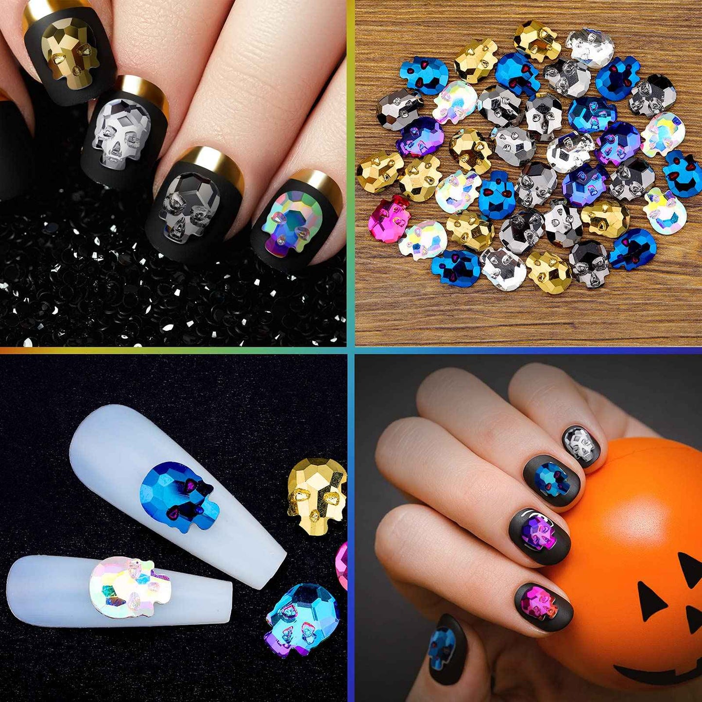 Queekay 70 Pcs Skull Nail Charms Halloween 3D Nail Art Charms Silver Gold Rainbow Alloy Rhinestone Skull for DIY Manicure
