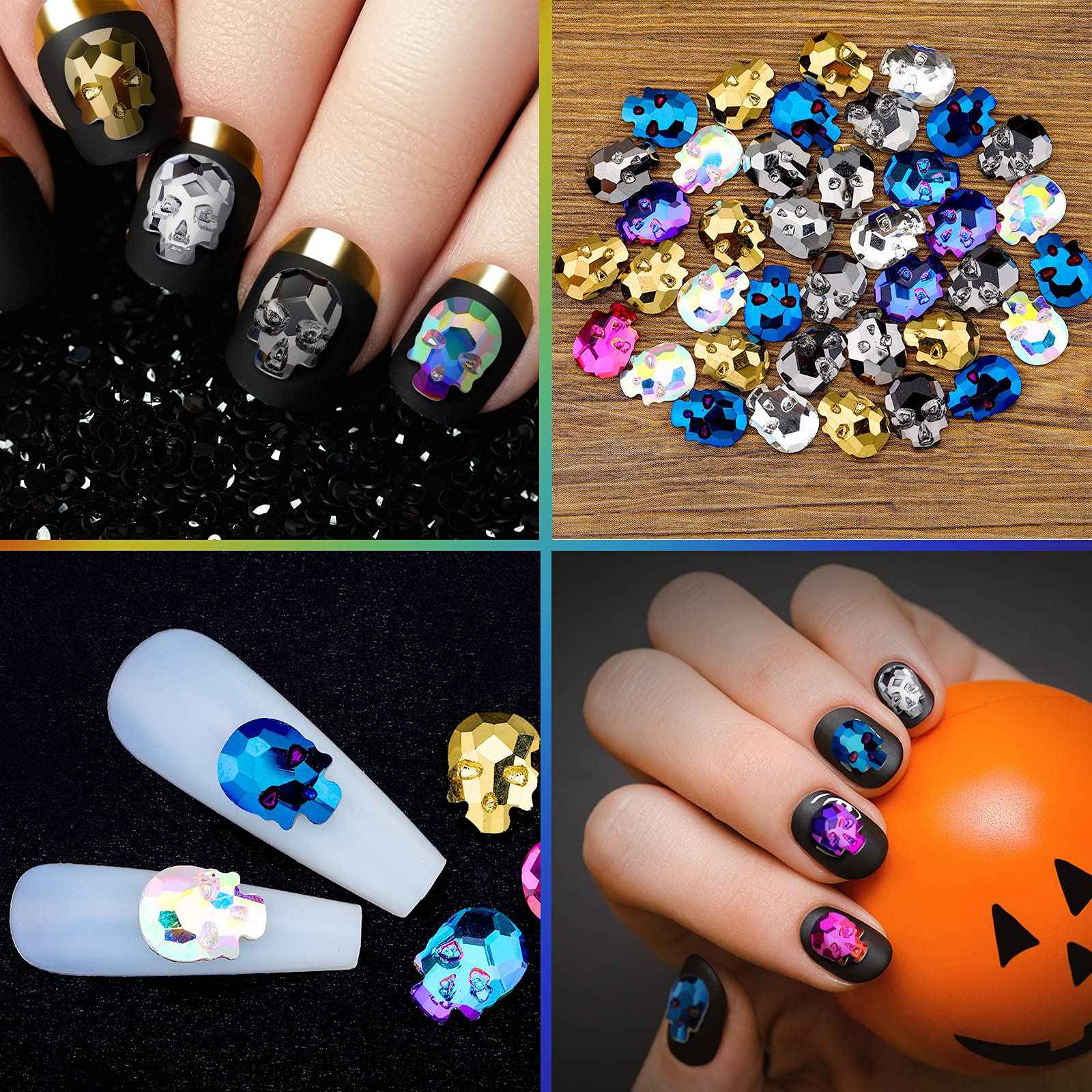 Queekay 70 Pcs Skull Nail Charms Halloween 3D Nail Art Charms Silver Gold Rainbow Alloy Rhinestone Skull for DIY Manicure