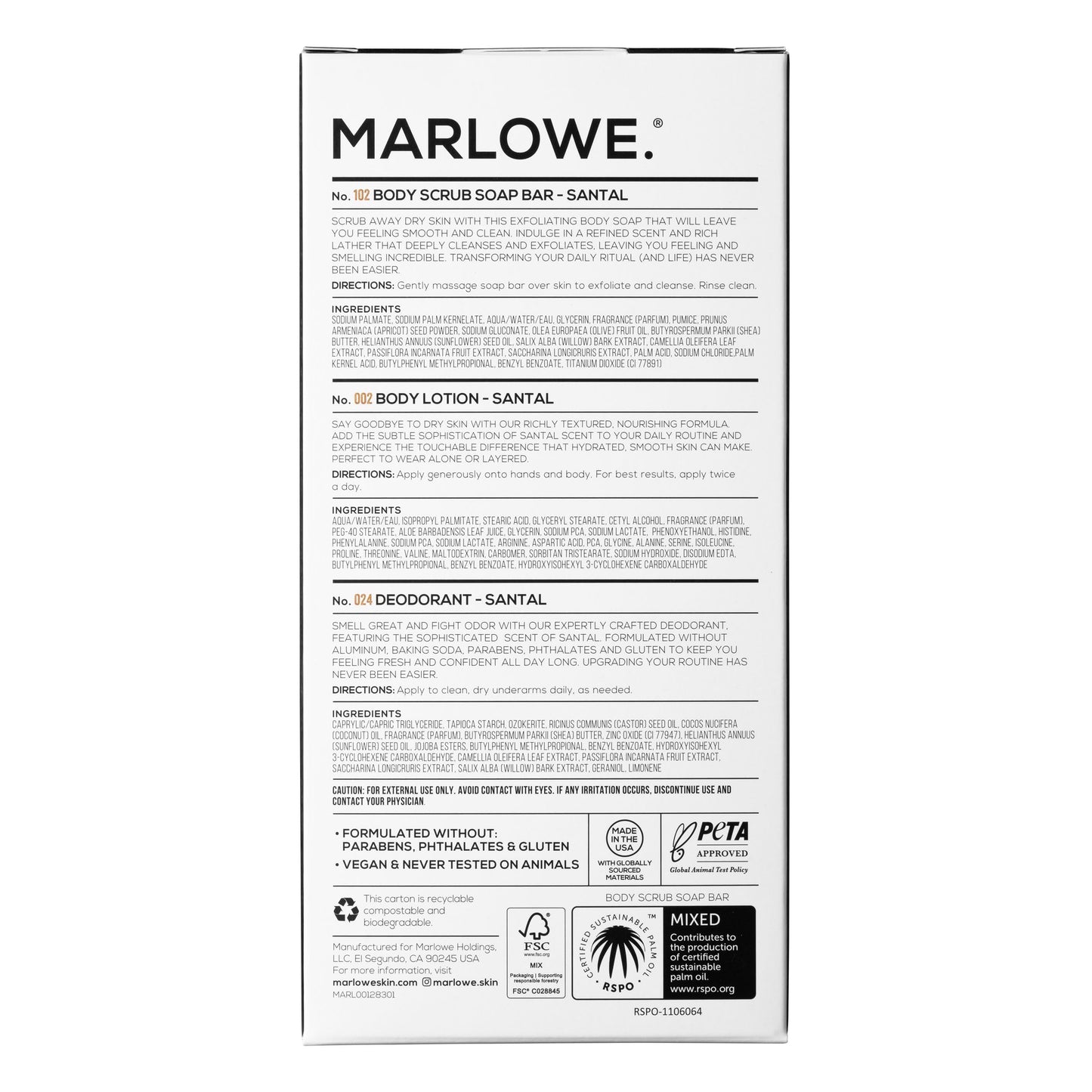 MARLOWE. Men's Grooming Santal Body Set, Features No. 102 Body Scrub Soap Bar, No. 024 Deodorant & No. 002 Body Lotion, Warm Amber, Spice & Citron Scent