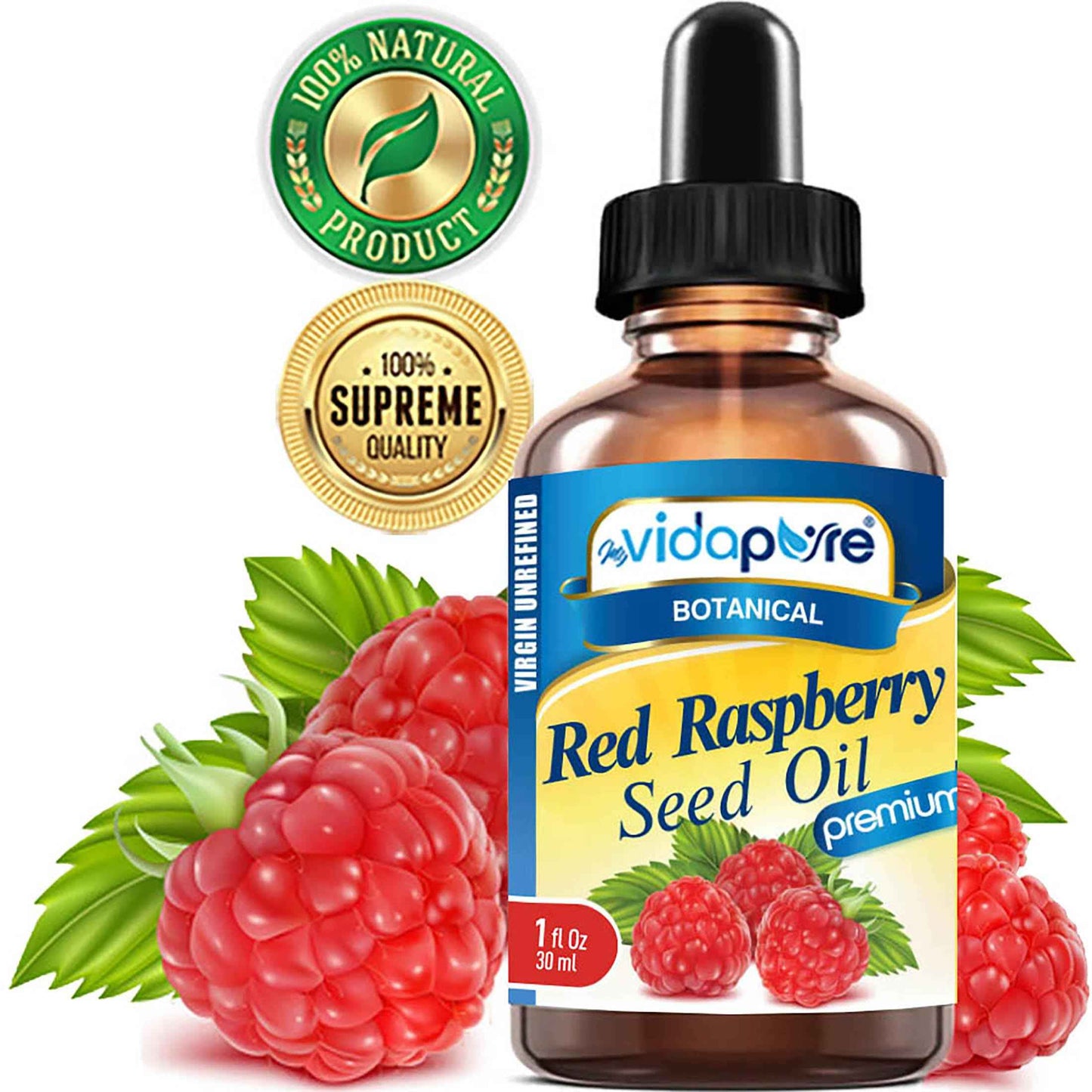 MYVIDAPURE RED RASPBERRY SEED OIL Rubus idaeus WILD GROWTH RAW 100% Pure VIRGIN UNREFINED Undiluted for Skin, Face, Hair, Lip and Nail Care. (1 Fl Oz)
