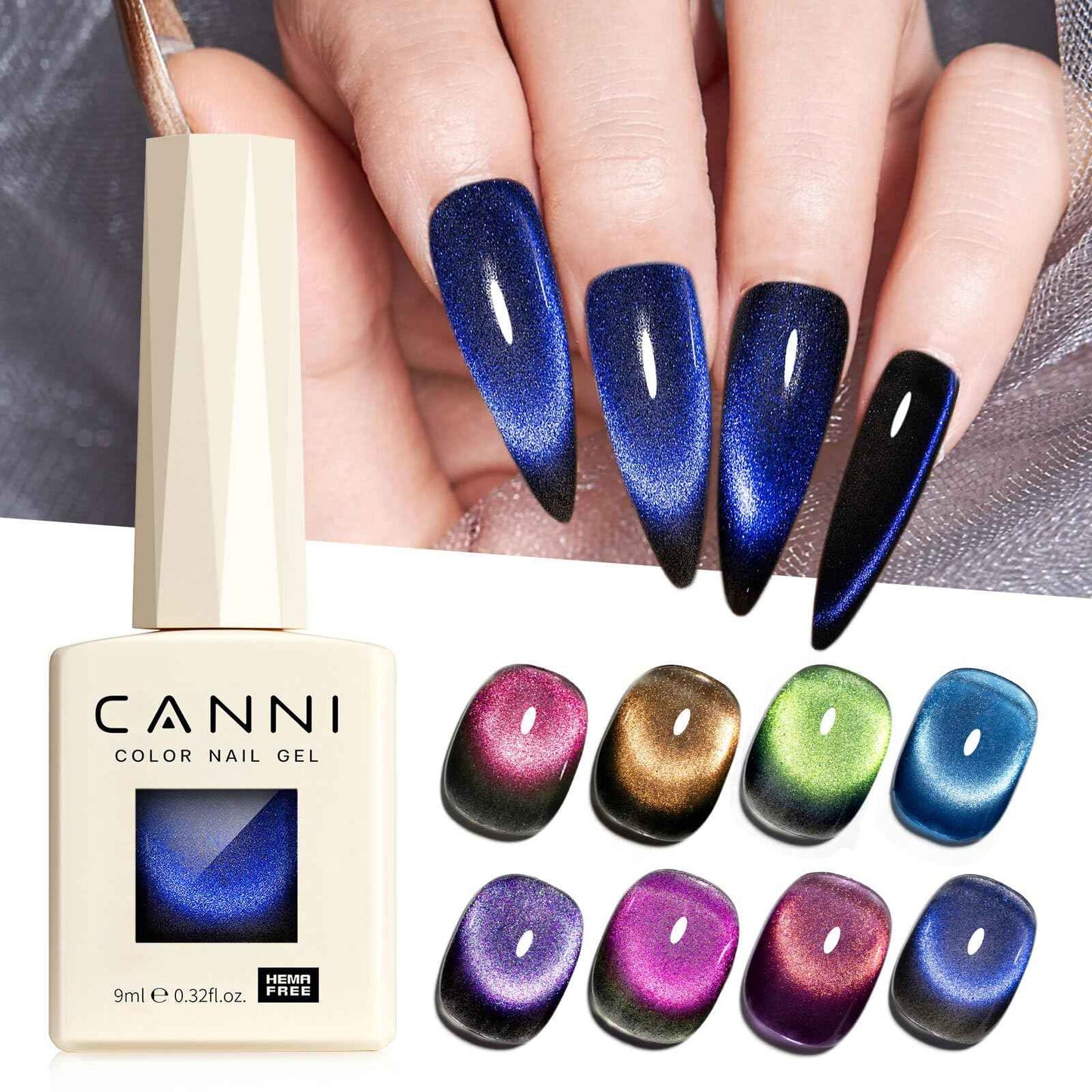 CANNI 8 Pcs 9 ML Cat Eye Gel Nail Polish Set, Red Purple Pink Blue Green Glitter Rainbow Holographic Cat Eye Gel Polish Kit with Magnet Colors Nail Art Manicure Salon DIY Gifts