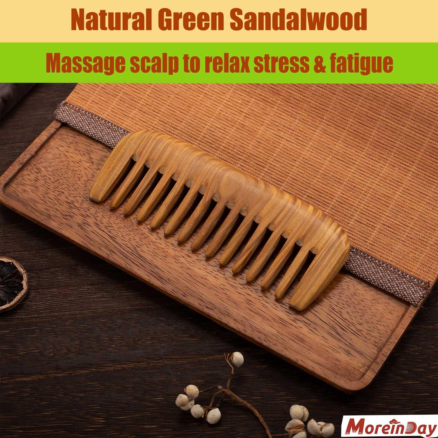 Moreinday Wooden Comb for Women, Wide Tooth Comb for Curls Hair Detangling, Wood Comb for Hair Growth, Wide Comb for Scalp Massage, Large Tooth Wooden Hair Comb for Men - Sandalwood