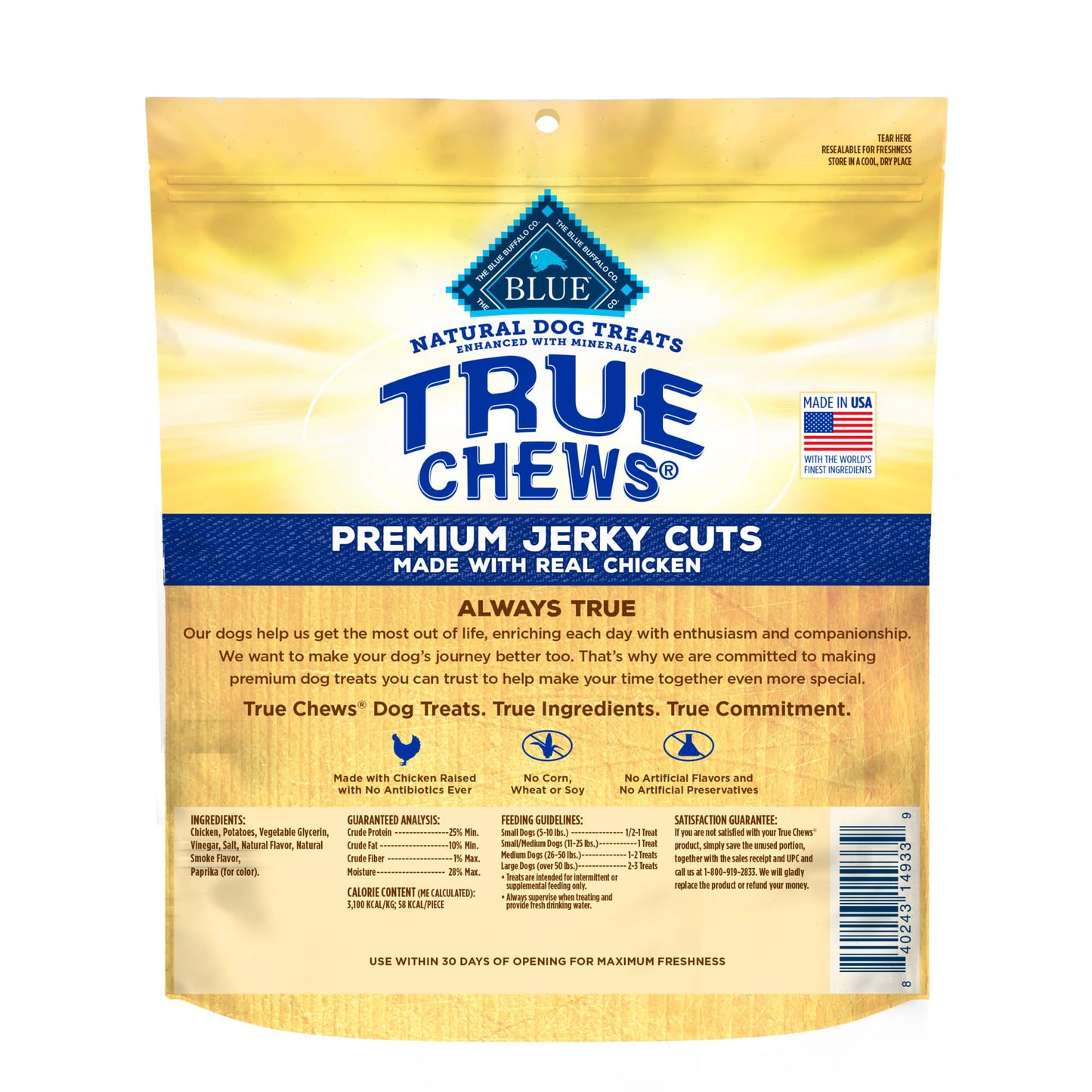 Blue Buffalo True Chews Premium Jerky Cuts Dog Treats, Made in the USA with Natural Ingredients and No Antibiotics Ever, Chicken, 4-oz. Bag