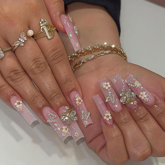 Press on Nails Long Coffin Fake Nails Pink Fake Nails Flower Rhinestones and 3D Butterfly Charm with Designs Acrylic Nails Stick Glue on Nails for Women 24Pcs