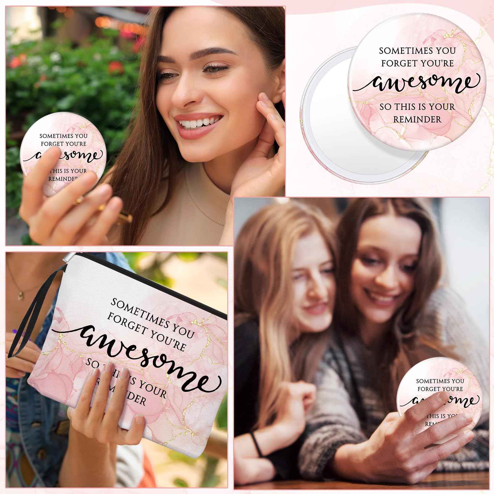 Beeveer 15 Sets Pink Thank You Gifts for Women, Makeup Bags and Compact Mirrors, Christmas Inspirational Gifts for Teacher Employee, Sometimes You Forget You're Awesome Set for Holiday, Thanksgiving