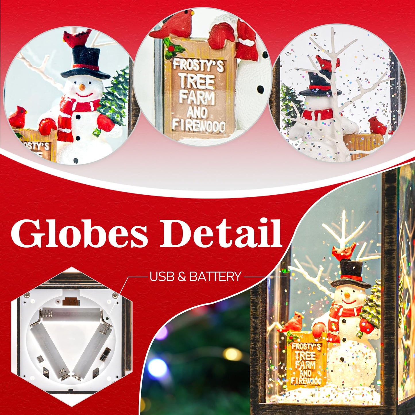 Christmas Snow Globe Lantern Water Glittering Christmas Tree Crown with Music, USB Lined/Battery Operated Lighted Lantern for Christmas Festival Decoration Gifts