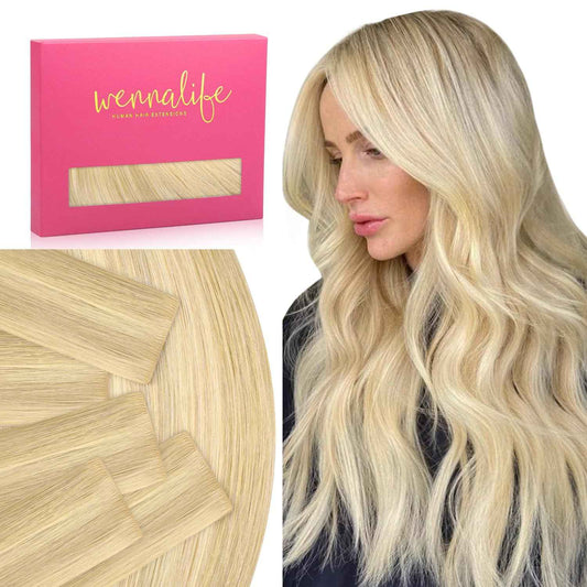 WENNALIFE Invisi Edge Tape in Hair Extensions Human Hair, 18 Inch 25g 10pcs Light Blonde Highlighted Golden Blonde Invisible Luxury Remy Hair Extensions Natural Seamless Injected Straight Extensiones