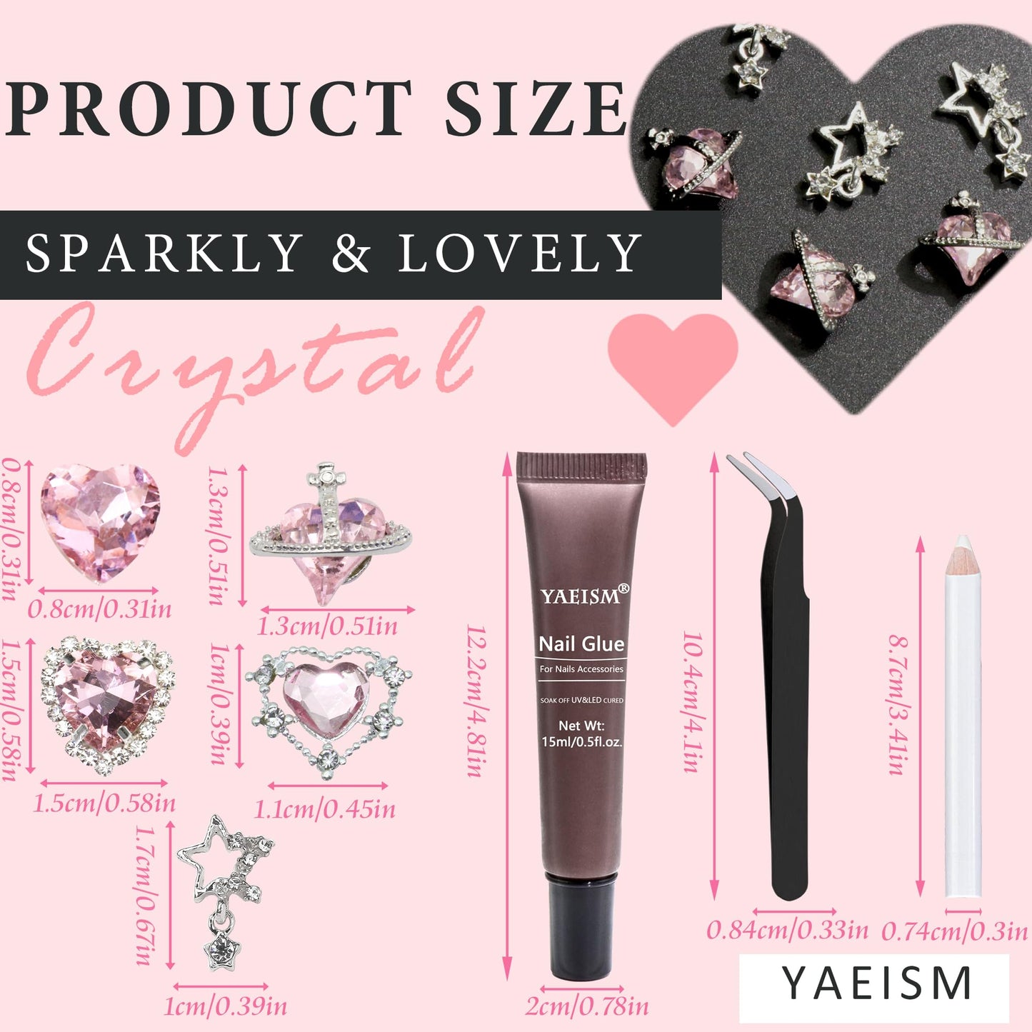 YAEISM 30PCS Nail Art Charms Kits Crystal Heart Nail Charms Pink Valentines Nail Charms 3D Star Nail Charm Shiny Flatback Diamond Nail Rhinestones with Nail Glue+Picker Pencil+Tweezer for Women