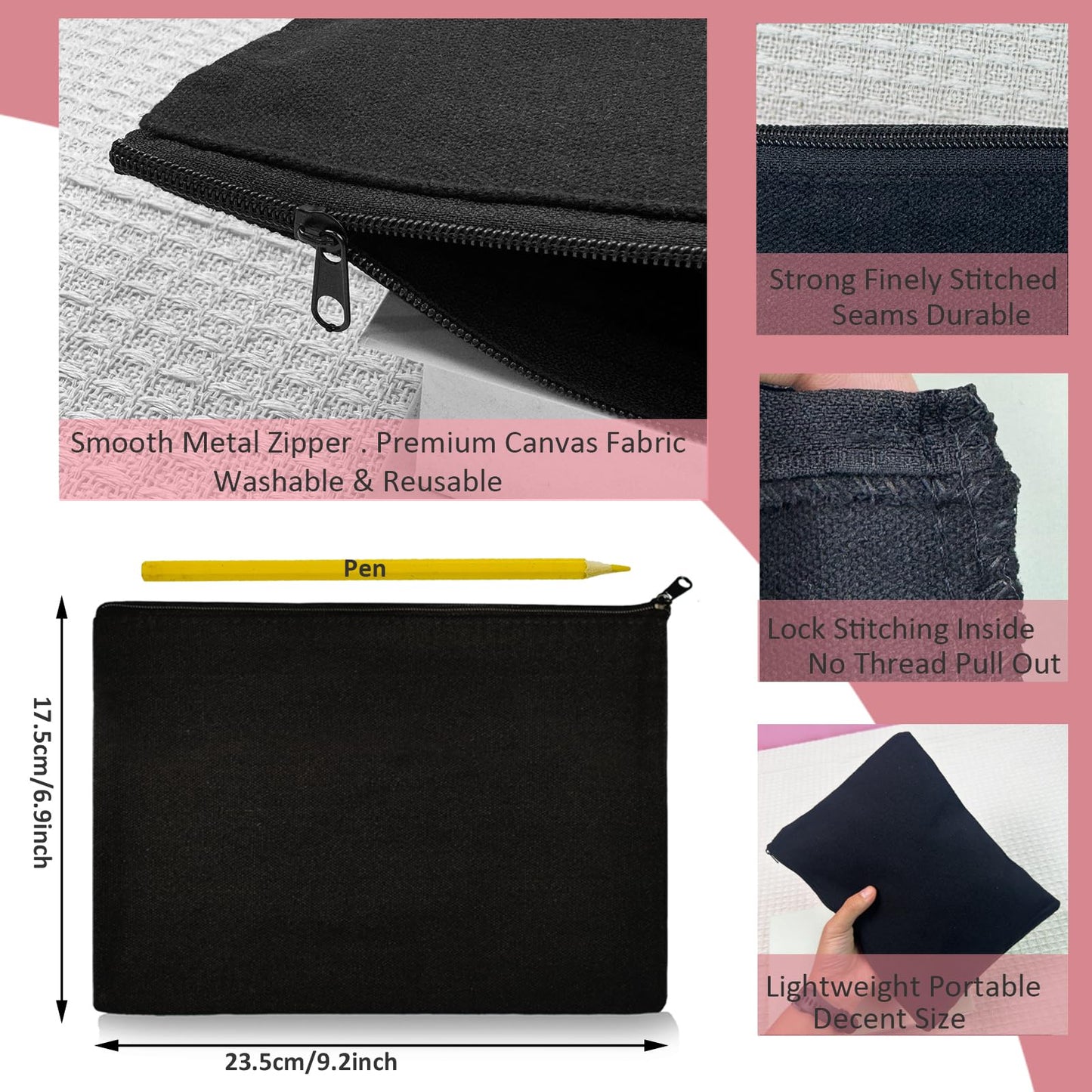 Koolmox Black Canvas Makeup Bags, Canvas Pouch for Women, 40 9x7 Inch Large Blank Canvas Makeup Bag with Zipper, Canvas Bags for Sublimation Blanks Bag, Cards Tools Cosmetics Pen Purse Pencil Cases