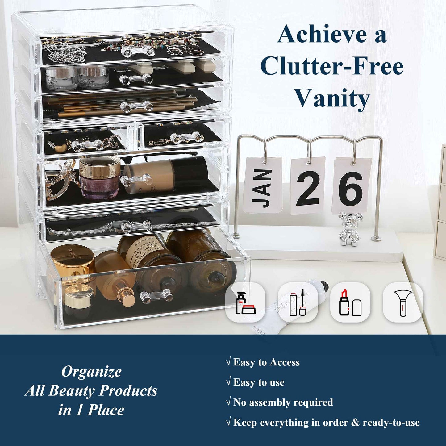 Sea Team 3-Tier Stackable Clear Makeup Organizer with Drawers, Acrylic Plastic Cosmetic Display Case, Jewelry Storage Box, Holder for Dresser, Bathroom, Vanity, Countertop (8 Drawers)