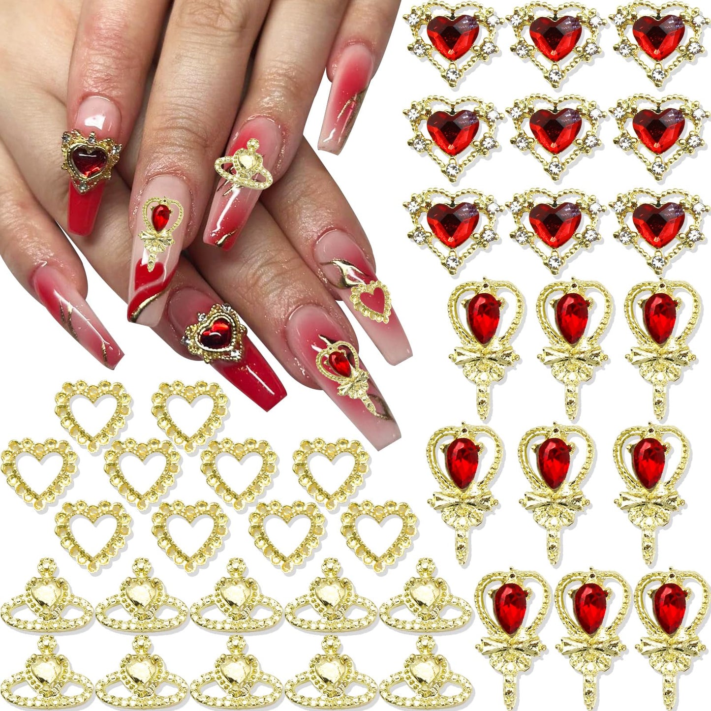 RODAKY 40PCS Valentine's Day 3D Heart Charms Gold Nail Charms Red Crystal Rhinestone Nail Jewels Hollow Heart Crown Shape Nail Gems Decoration Nail Art Supplies for Women and Girls