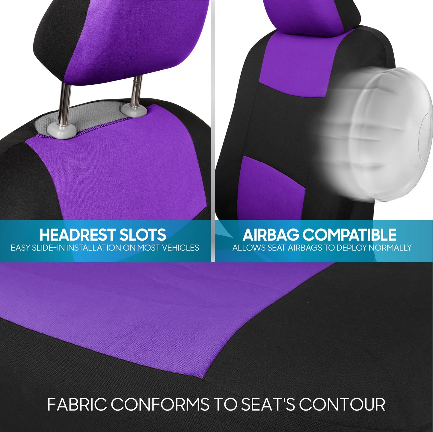 BDK PolyPro Car Seat Covers Full Set in Purple on Black – Front and Rear Split Bench Seat Covers, Easy to Install, Car Accessories for Auto Trucks Van SUV