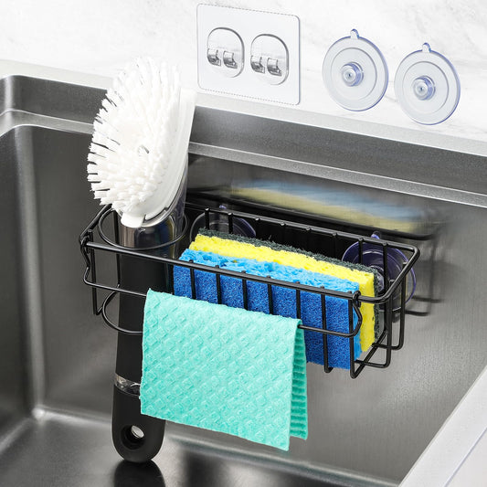 3-In-1 Sponge Holder for Kitchen Sink, 2 Type Suspension Options (Suction Cups & Adhesive Hook), Hanging Sink Caddy Organizer Rack - Sponge, Dish Cloth, Brush, Scrubber, 304 Stainless Steel - Black