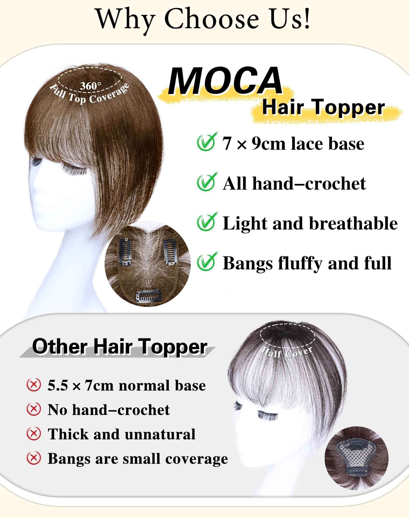 Hair Toppers for Women Real Human Hair, Bangs Hair Clip 360°3D Cover Clip on Bangs for Women Fake Bangs for Daily Wear (10 Inch Brown)
