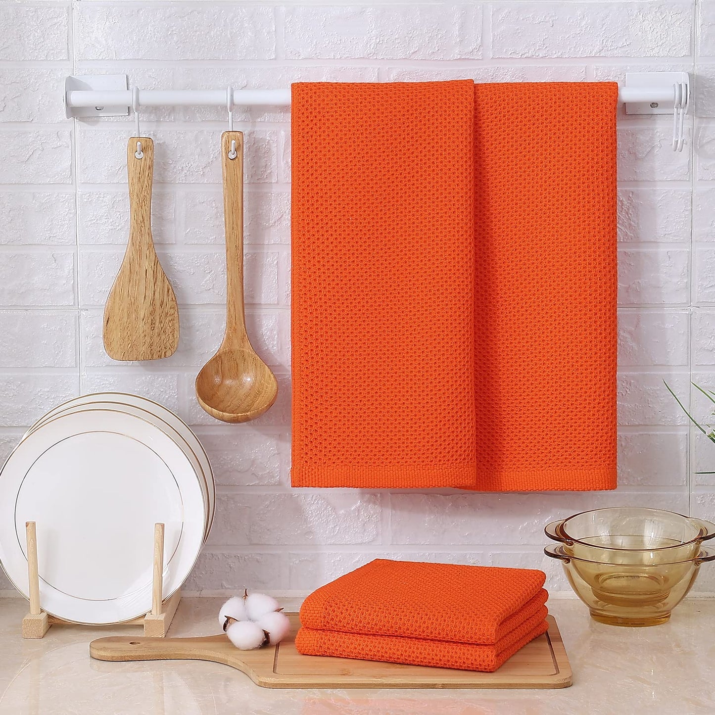 Kitinjoy 100% Cotton Waffle Weave Kitchen Towels, 4-Pack Super Soft and Absorbent Kitchen Dish Towels for Drying Dishes, Kitchen Hand Towels, 13 in x 28 in, Reddish Orange