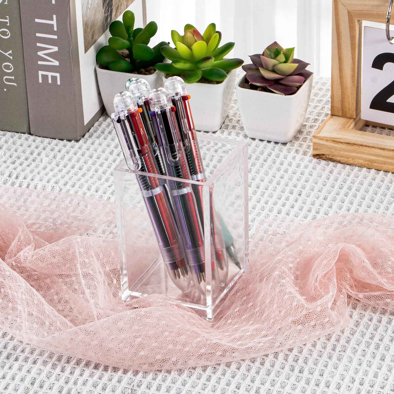 Dayaanee Acrylic Makeup Brush Organizers Countertop, Clear Pencil Holder Transparent Lipstick Holder 2.5x2.5x3.8 Inches Storage Square Cube for Bathroom Jewelry Accessories Pen Holding